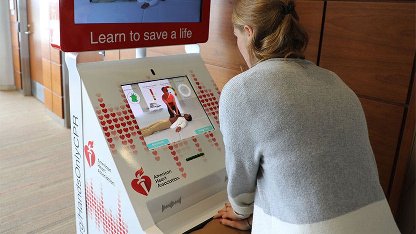 Interactive kiosks train the public on how to perform CPR