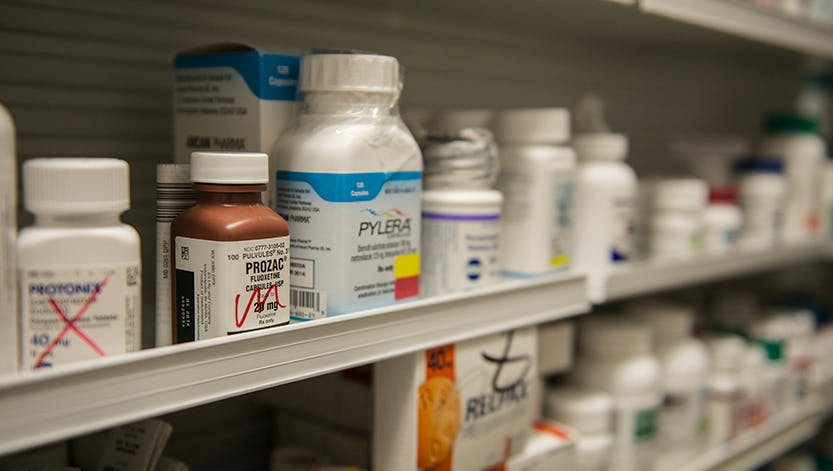 Drugs on a pharmacy shelf