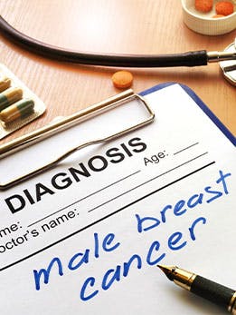 Doctor's office setting with a male breast cancer diagnosis, and answers to frequently asked questions about male breast cancer.