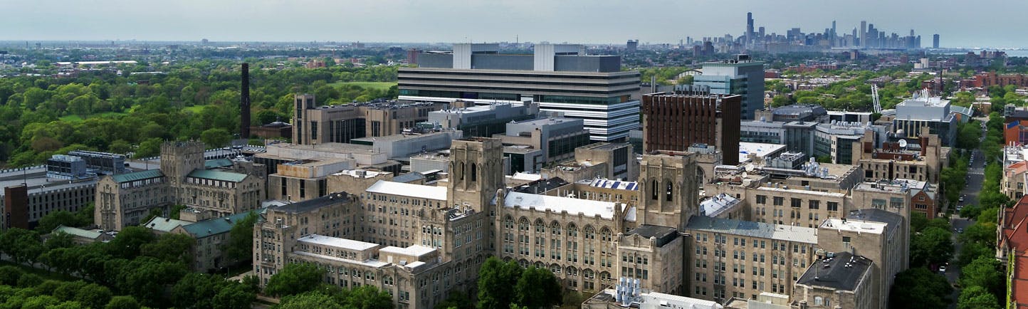 Aerial view of UChicago Medicine campus with downtown Chicago in background